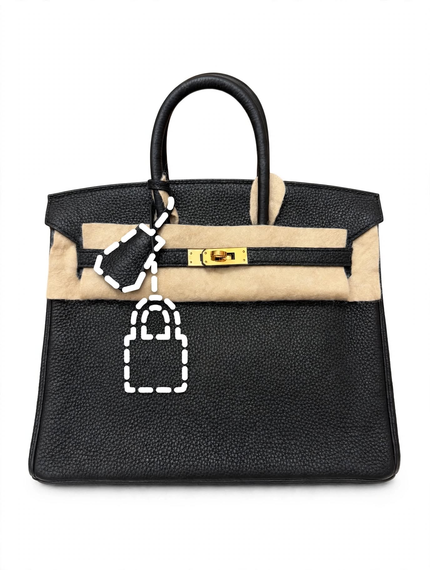 以虛線標示缺少配件的黑色 Birkin 包